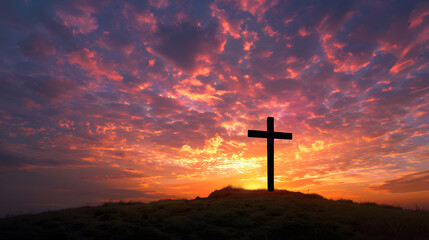 Cross on hill at sunset with vibrant colorful sky