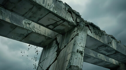 Crumbling concrete structure under stormy sky