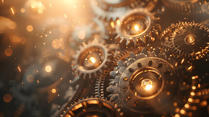 Glowing metal gears in motion with sparks and warm light