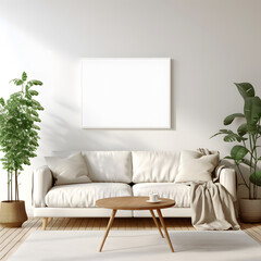 Minimalist living room with blank frame and cozy decor