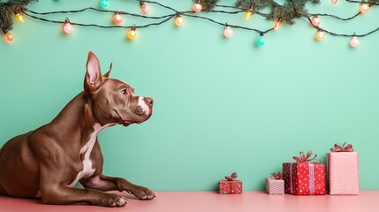 A dog surrounded by colorful lights and beautifully wrapped presents.  Christmas and New Year festive concept with copy space.