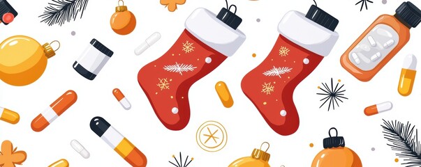 Colorful Christmas stocking design featuring festive ornaments, pills, and playful elements, perfect for holiday-themed projects.