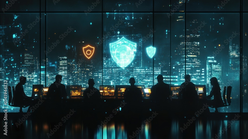 Aufkleber silhouetted group at table with glowing security icons and city view.