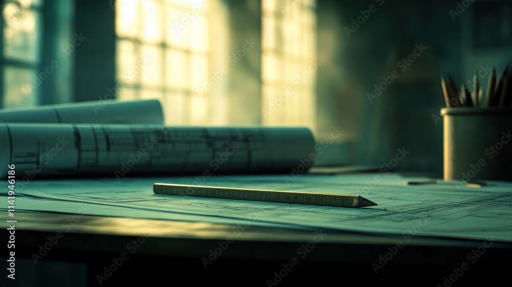 Poster drafting table with plans, pencils.