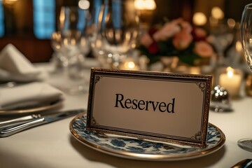 Elegant table setting with reserved sign and floral decoration