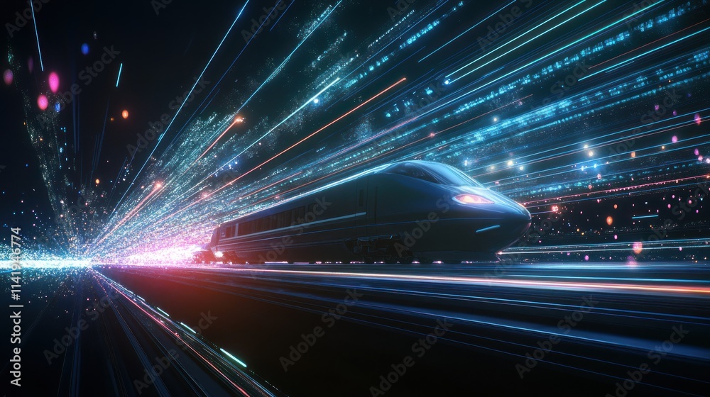 Poster fast train speeds through light streams.