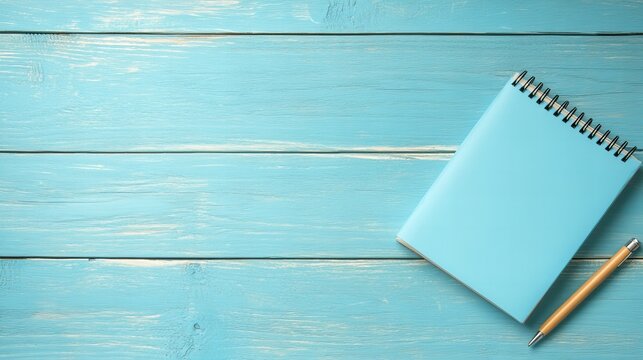 Blue notebook and pen on wooden background for writing and creativity