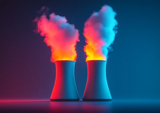 Neon Lit Cooling Towers Emit Colorful Smoke