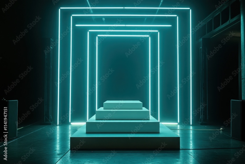Poster neon square portal platform in dark room.