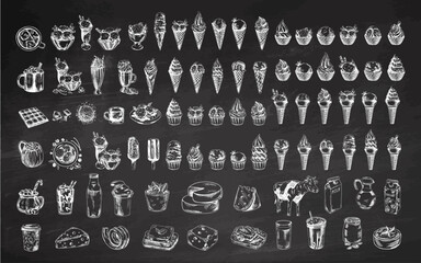 Sketch style vintage hand-drawn ice cream and dairy food set