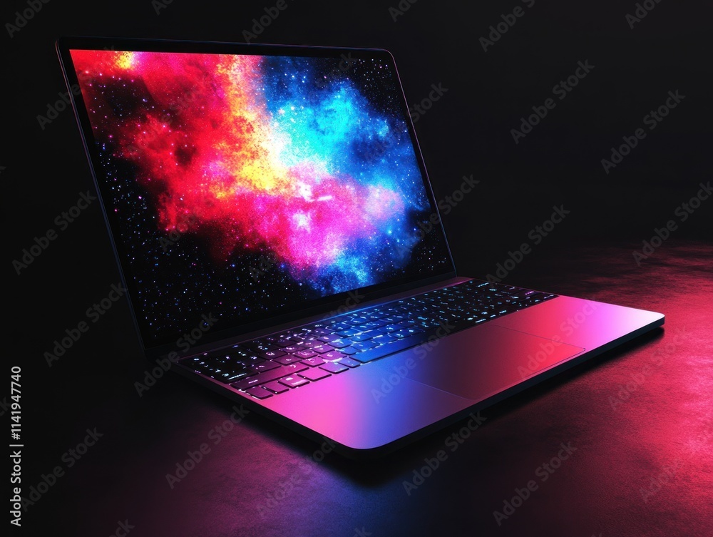 Aufkleber Laptop displaying colorful nebula image on a dark surface.