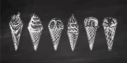 Vintage hand-drawn ice cream cones sketch on chalkboard background