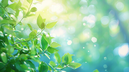 Obraz premium A vibrant summer background featuring blurred green leaves, abstract bokeh, and soft focus natural elements. The bright bokeh effect enhances the peaceful ecological atmosphere of a summer landscape.