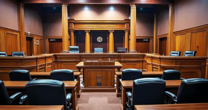 courtroom interior without people with wooden furniture and black leather chairs