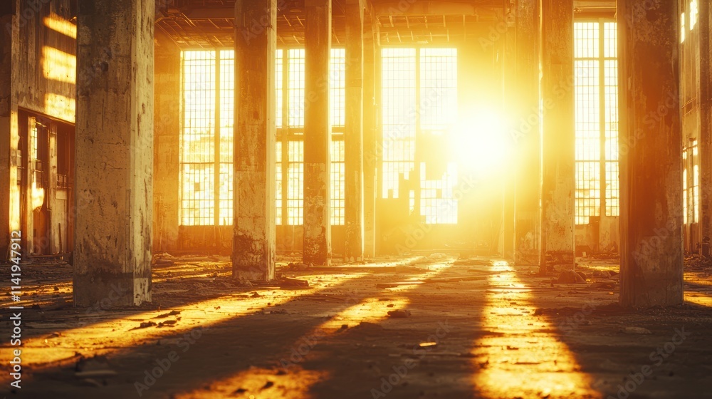 Poster Sunlight streams through derelict building with weathered columns and shadows.