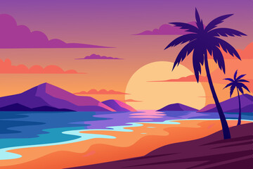 Serene Beach Sunset Scene with Swaying Palms and Reflected Ocean Waves