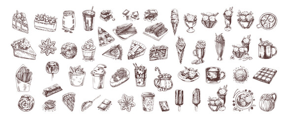 Vintage sketch of sweets and desserts in hand-drawn style