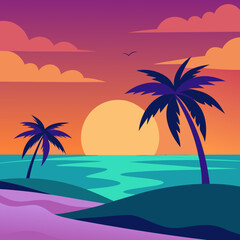 Serene Beach Sunset Scene with Swaying Palms and Reflected Ocean Waves