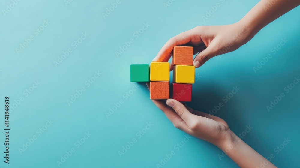Poster hands build colorful blocks on blue background.