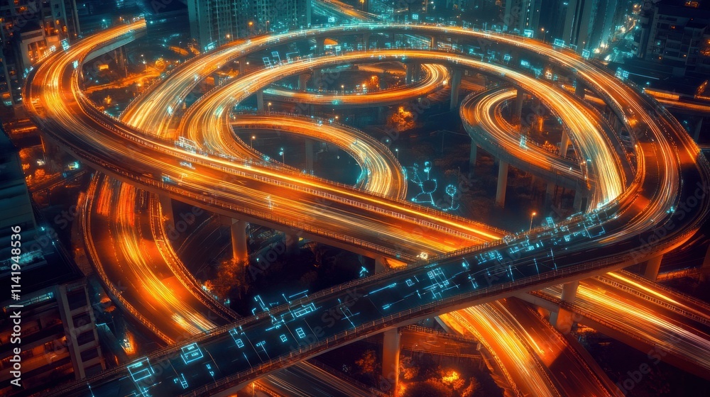Poster high angle view of illuminated overpass roads at night.