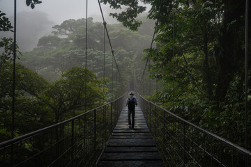 Obraz premium Hiker in the suspension bridge in rainforest
