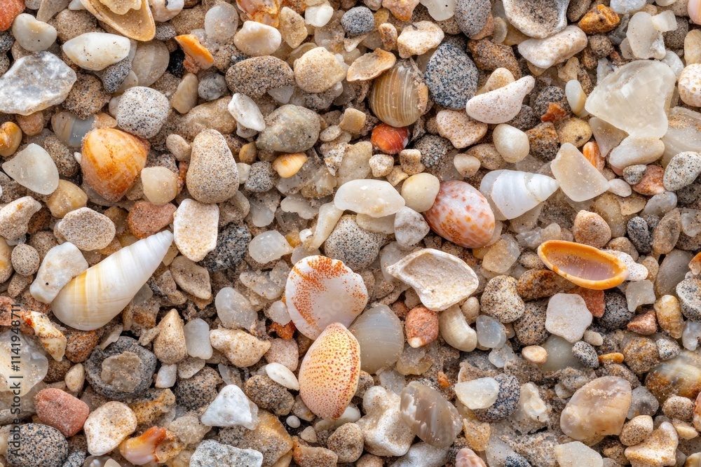 Aufkleber close-up view of shells and pebbles on beach.