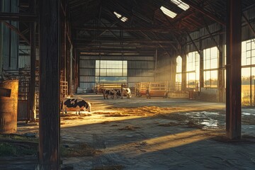 Sunlit barn interior with cows.