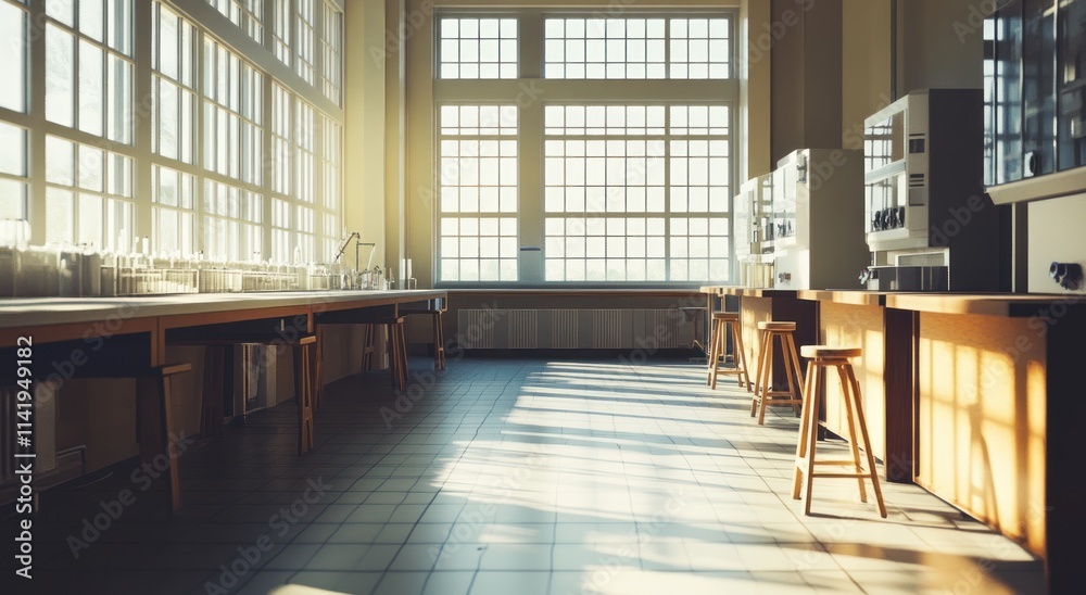 Aufkleber Empty lab with tables, chairs, and windows.