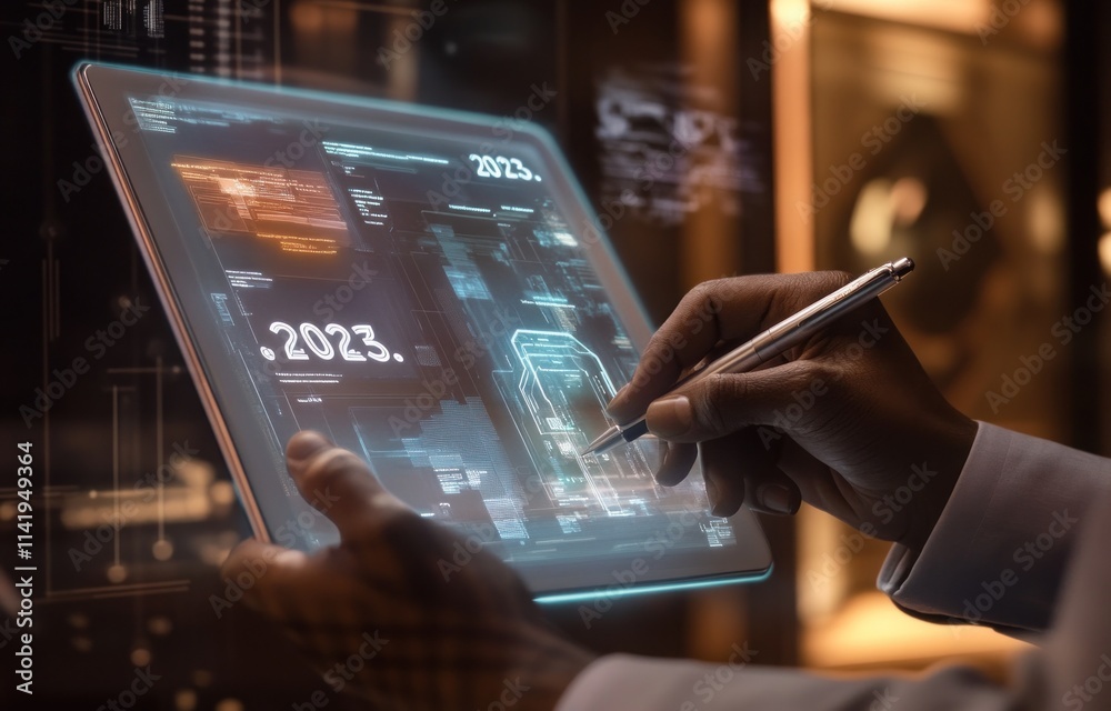 Aufkleber Hands use digital tablet with data interface.
