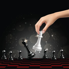 Chess board and Checkmate black king success concept vector Background