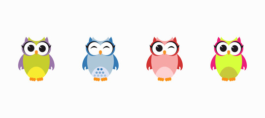 Four colorful cartoon owls stand in a row, each with unique colors: green and purple, blue and white, pink and red, and green and pink. They have large eyes and small beaks, creating a playful and 