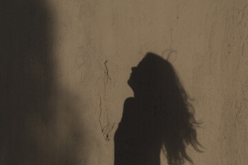 Una toma de cerca de una mujer adulta reflejada en la pared