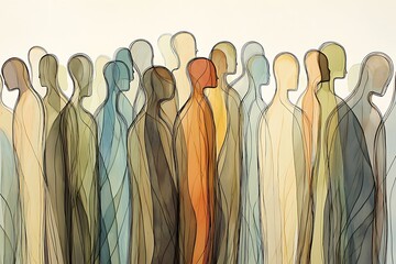 A line-art design of human figures drawn with thin black lines, filled with solid colors in soft earth tones like sand, olive, and rust