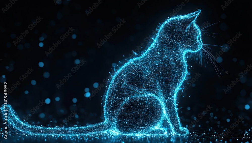 Poster digital cat made of glowing blue lines and particles on dark background.