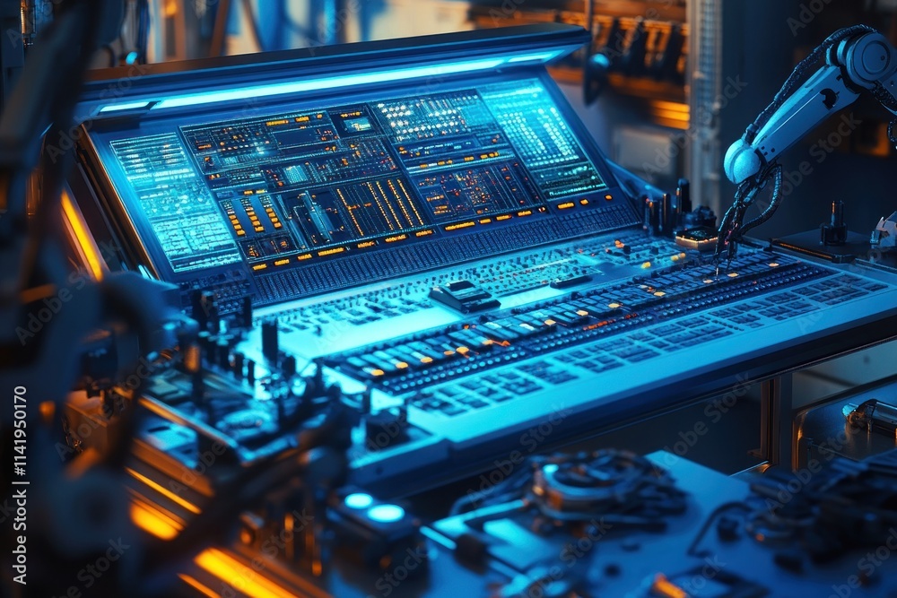 Poster blue lit futuristic interface control panel with robotic arms.