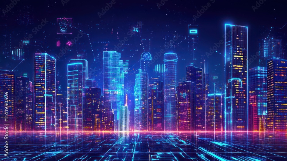 Poster cityscape with glowing neon outlines on buildings with digital networks.