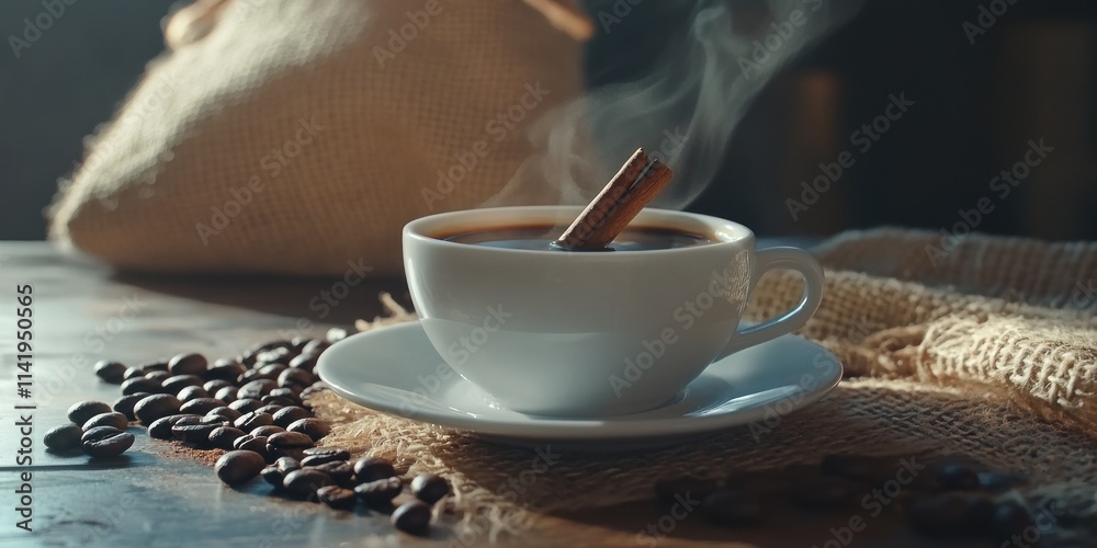 Poster steaming coffee with cinnamon stick in white cup on a rustic surface.
