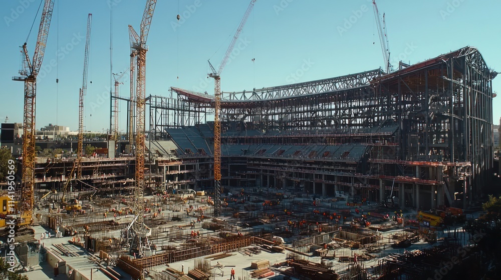 Aufkleber stadium construction site with multiple cranes and workers.