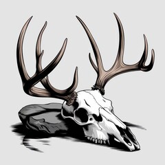 Fototapeta premium Deer Skull with Antlers Resting on Stone