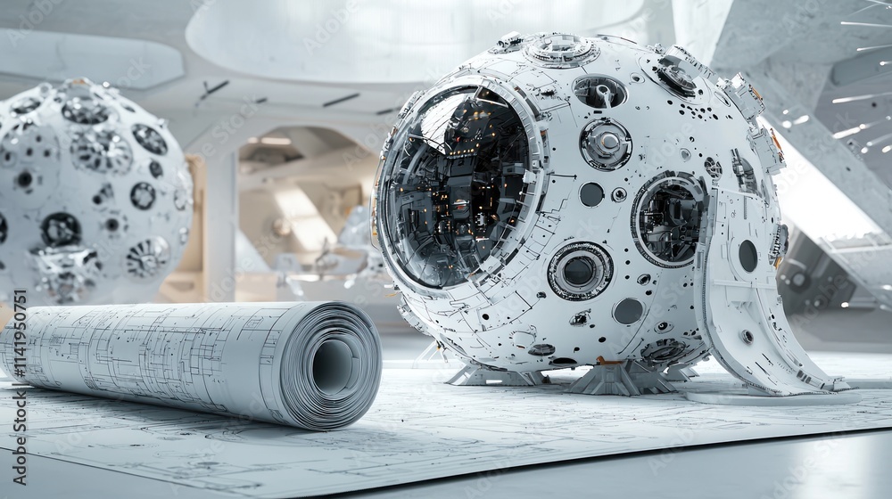Aufkleber spherical machines with blueprint in bright room.