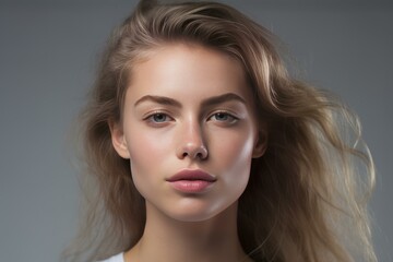 Naklejka premium Studio portrait of a beautiful blonde woman with long wavy hair and perfect skin posing on a gray background