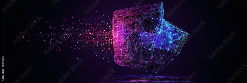 Poster Abstract cube with data pixels, interconnected lines, and glowing colors.