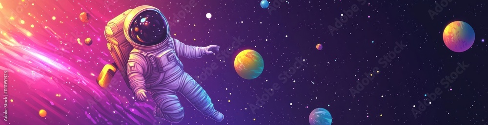 Aufkleber astronaut floating in space near planets with cosmic backdrop.