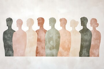 A minimalist composition featuring abstract human silhouettes in flat, muted tones like beige, terracotta, and olive green