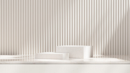 A 3D rendering of an empty space with podium against a light grey background in a landscape layout, ideal for showcasing merchandise.