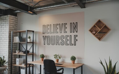 Modern minimalist office features a Believe in Yourself poster