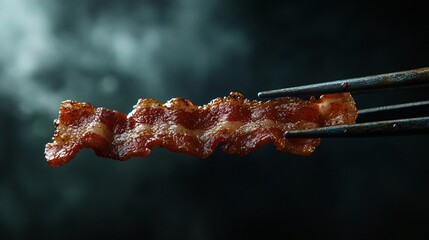 A single crispy bacon slice held up by rustic tongs, isolated against a dark, moody background