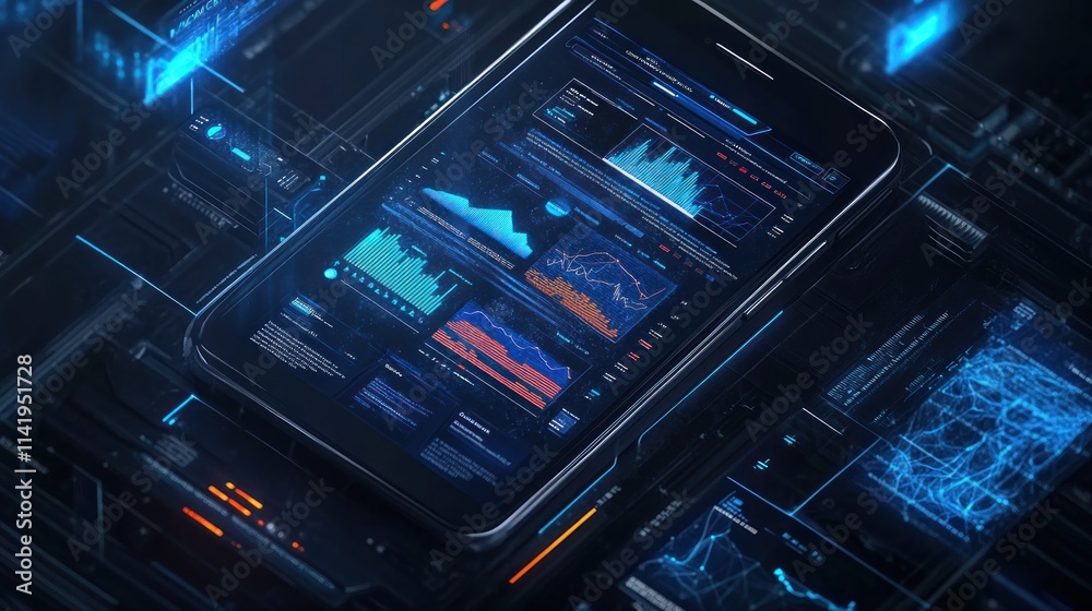 Poster Smartphone displays data graphs, charts on screen over dark tech background.