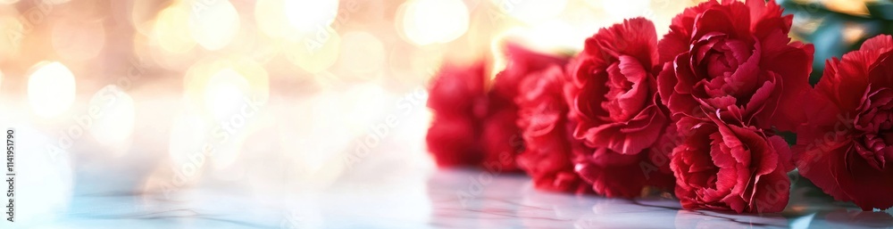 Poster red carnations with bokeh lights.