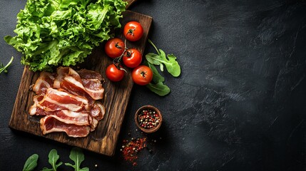 Bacon and lettuce sandwich with fresh tomatoes, displayed on a rustic wooden cutting board